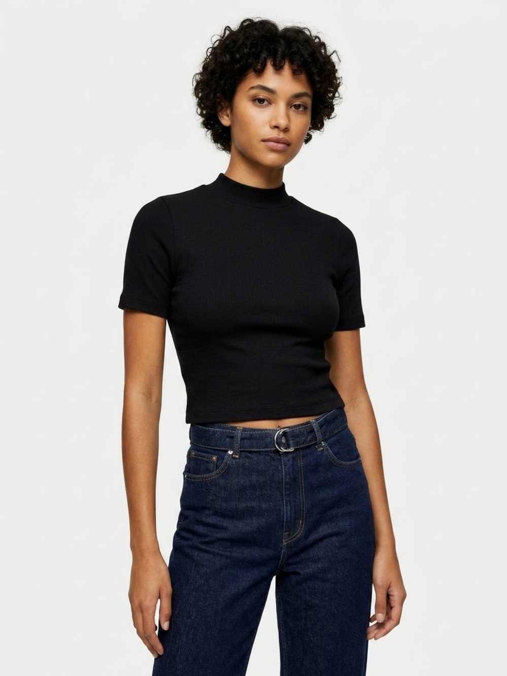 NWT Babaton Gonzalo Black Short Sleeve Mock Neck Ribbed Crop Top Size Small